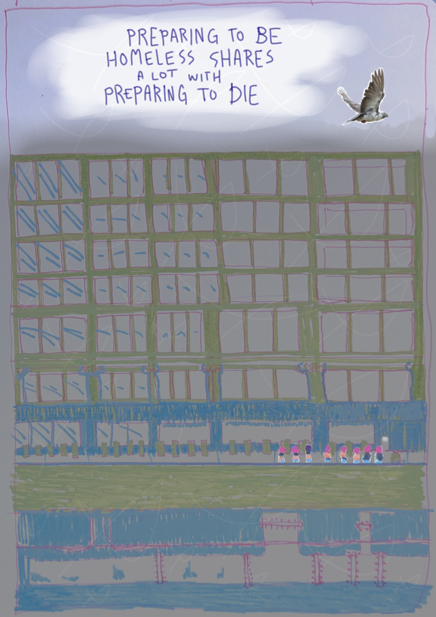 page one of etiolated. one panel covers the page. the top reads "preparing to be homeless shares a lot with preparing to die". a photo of a pigeon is clipped over a drawing of a rectangular building with rectangular windows and rectangular plumbing and rectangular street accessories. a line of simplified blob people wait along the right of the building