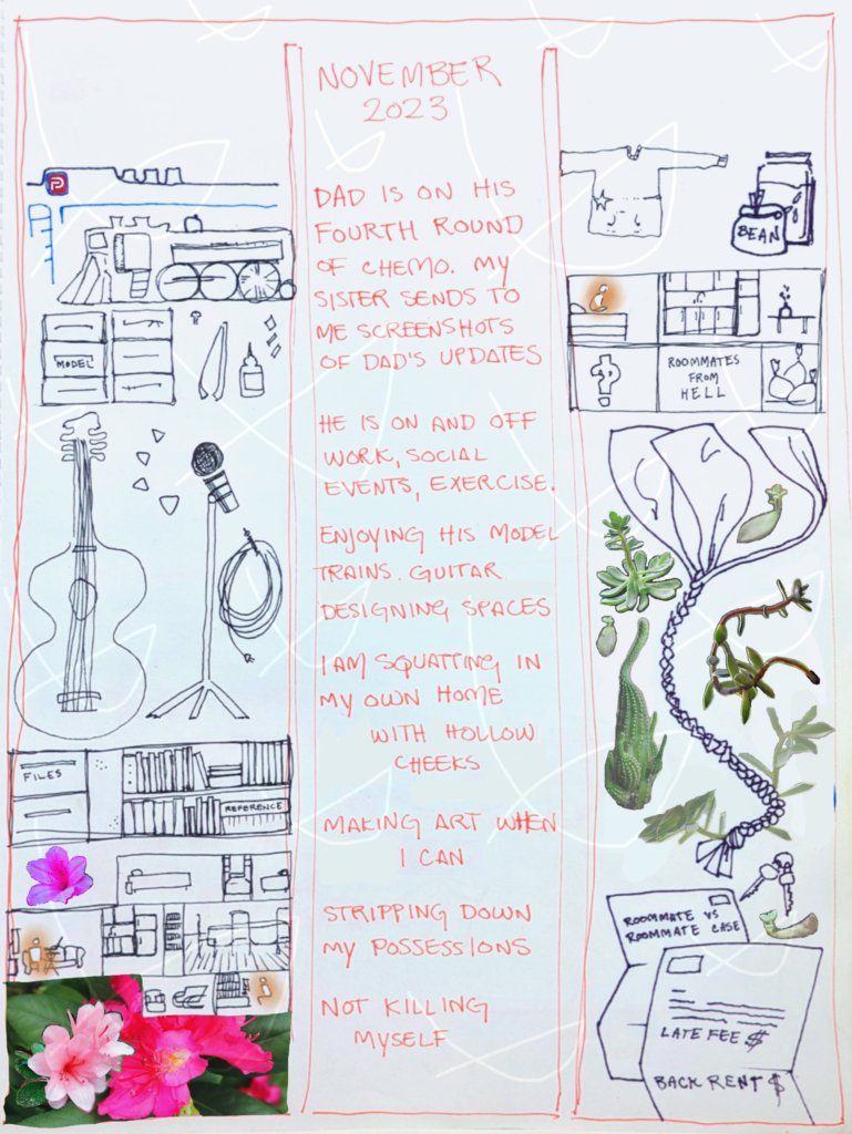 page eight of etiolated. a column of text down the center reads"november 2023 dad is on his fourth round of chemo. my sister sends to me screenshots of dad's updates. he is on and off work, social events, exercise. enjoying his model trains, guitar, designing spaces. i am squatting in my own home with hollow cheeks, making art when i can, stripping down my possessions, not killing myself." on the left, a column of images. internet browser tabs with the logo for Parler, an extreme-right website. a model steam train engine. boxes and tweezers and glue. a guitar and a microphone with wire on a stand. a shelf of rectangles - books, files, photo albums, reference materials. a side view of a house with upstairs beds, ground floor kitchen and dining room and living room, downstairs a den. two figures are in the house highlighted orange. azalea flowers decorate the bottom. on the right, another column of images. a hand-mended sweatshirt. jars of beans. a side view of an apartment with upstairs a bed and kitchen and living room, downstairs a room of trash bags, an interrobang, and words: roommates from hell. one figure is in the apartment highlighted orange. strips of braided fabric and succulents that have not received enough light. a set of keys. two letters, one with late fees and back rent, the other with a roommate vs. roommate legal case.