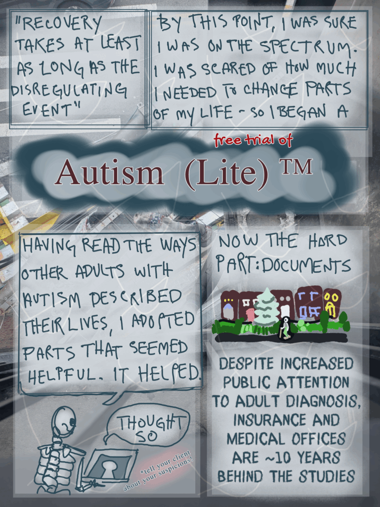 page 28 of etiolated. the page is written and drawn across a top-down photograph of support beams near a train station elevator. a crossroad is below. pigeon spikes on a few of the beams have pinned a sock and some trash. a small panel of text: "recovery takes at least as long as the disregulating event". second panel text: by this point, i was sure i was on the spectrum. i was scared of how much i needed to change parts of my life - so i began a. third panel text crosses the page: free trial of Autism (Lite) ^tm. fourth panel text: having read the ways other adults with autism described their lives, i adopted parts that seemed helpful. it helped. robin says this to a laptop. therapist video on the laptop responds "thought so". tiny but highlighted text in the corner of the panel reads "tell your client about your suspicions!" last panel text: now the hard part: documents. a doodle of robin walking with their cane down a street of handsome brownstones and gardens. text resumes: despite increased public attention to adult diagnosis, insurance and medical offices are ~10 years behind the studies